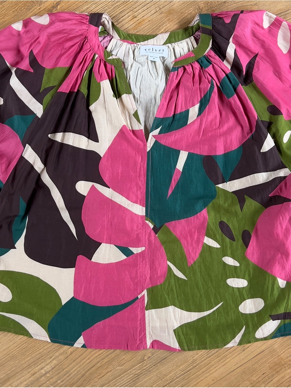 Velvet Colorblock Leaf Print Peasant Blouse in Pink, Green & Teal - Picture 2 of 4